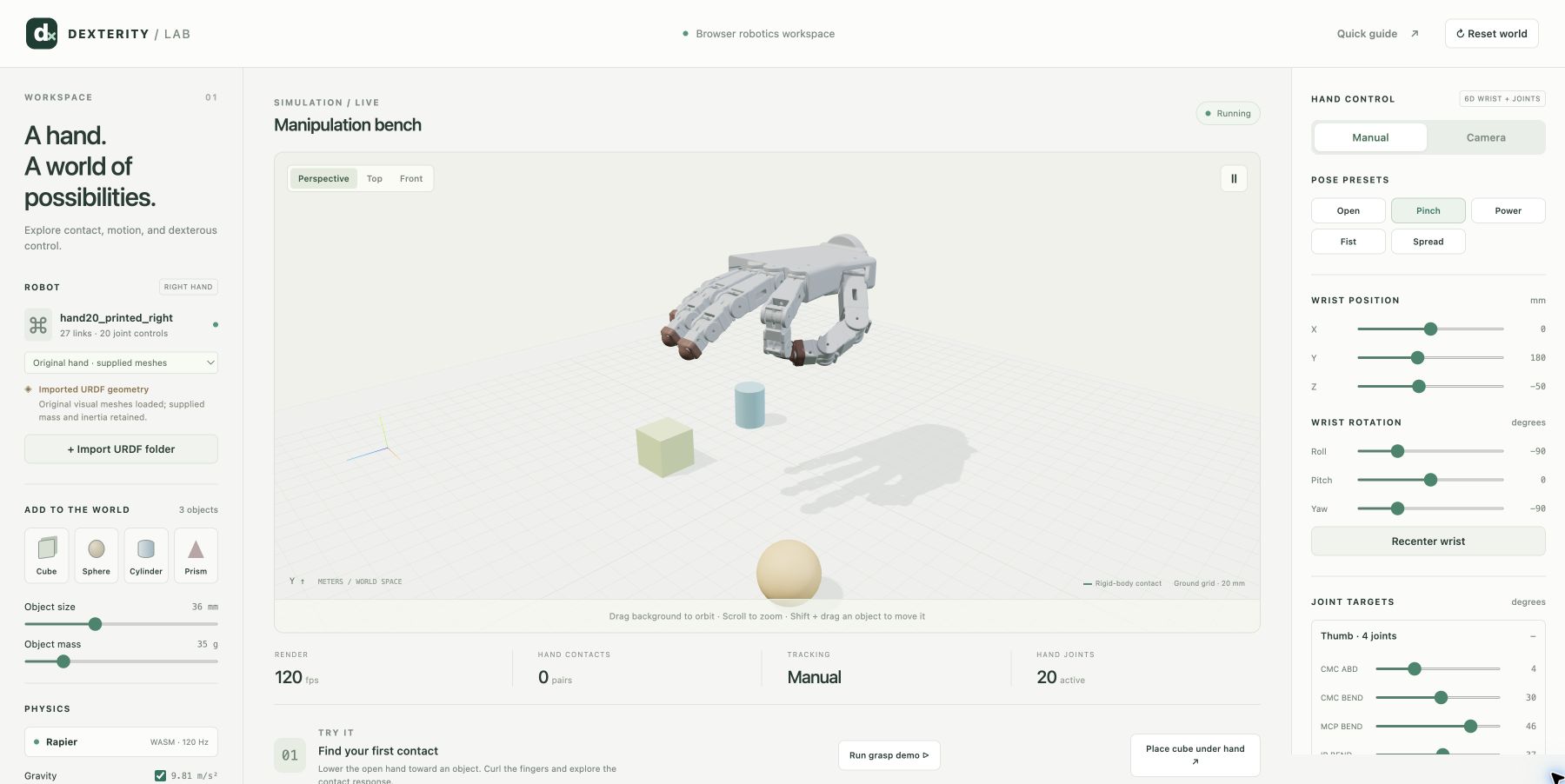 Dexterity Lab interface showing a simulated robotic hand, grasping scene, and control panels
