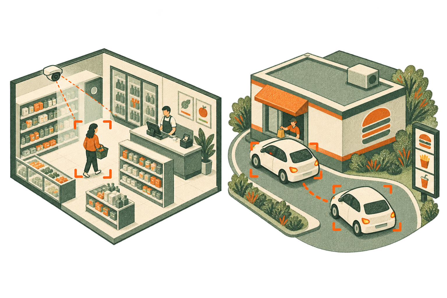 Illustration of a retail store and drive-through, with detection boxes around a shopper and queued cars.